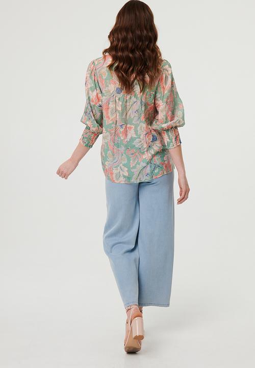 Izabel London - L/slve Sheer Button Through with Lace Detail - Avocado