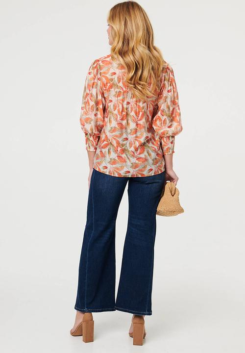 Izabel London - L/slve Sheer Button Through with Lace Detail - Orange