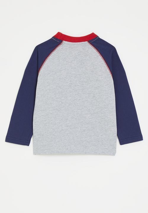 Pop Candy - Chenille embroidered raglan sleeve tee - navy/pale grey/dachshund