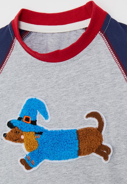 Pop Candy - Chenille embroidered raglan sleeve tee - navy/pale grey/dachshund
