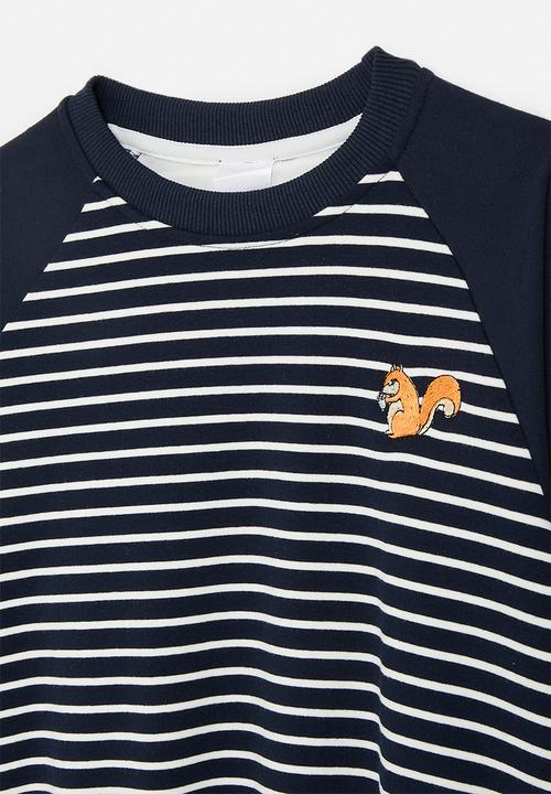 Pop Candy - Squirrel embroidered raglan sleeve sweatshirt - navy/navy stripe