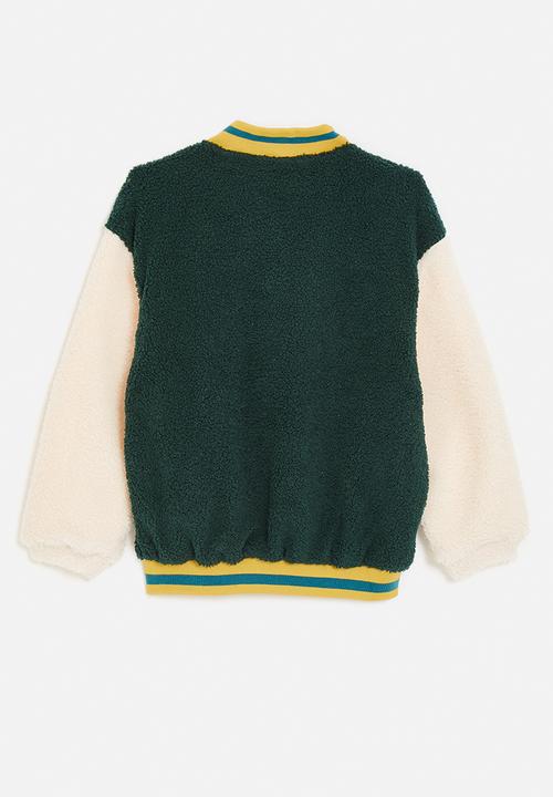 Pop Candy - Teddy fleece baseball jacket with striped rib - dark green/neutral