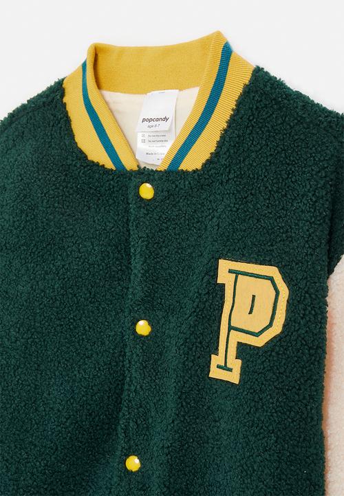 Pop Candy - Teddy fleece baseball jacket with striped rib - dark green/neutral