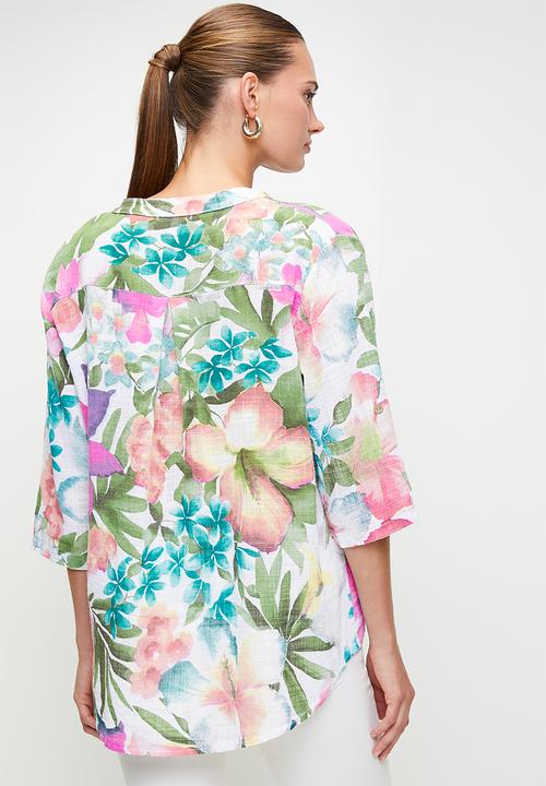 Stella Morgan - Italian Made Half Sleeve With Flutter Half Placket Straight Hem Blouse - Multi White