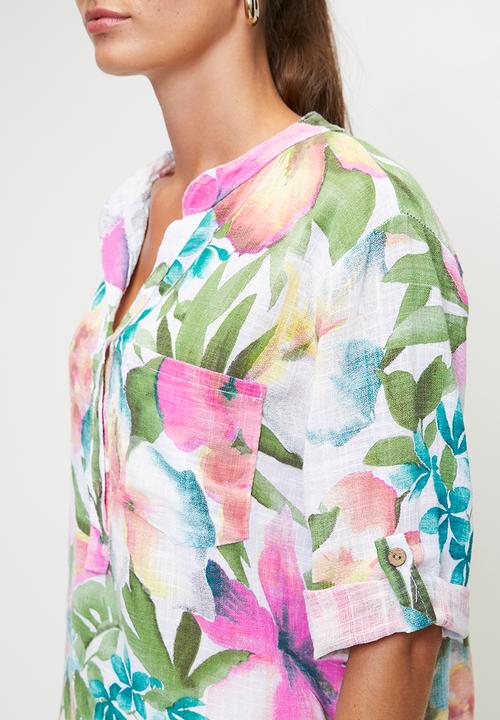 Stella Morgan - Italian Made Half Sleeve With Flutter Half Placket Straight Hem Blouse - Multi White