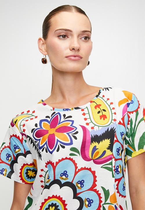 Stella Morgan - S/s Crew Neck Front Pocket Printed T-Shirt Midi Dress - Multi White