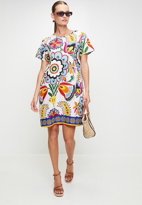 Stella Morgan - S/s Crew Neck Front Pocket Printed T-Shirt Midi Dress - Multi White