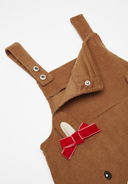 Pop Candy - Bear face embroidered dungaree dress - brown
