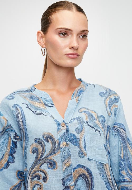 Stella Morgan - Italian Made Half Sleeve With Turn Back Half Placket Collared Blouse Printed - Blue