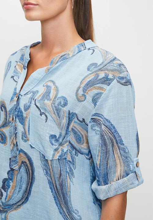 Stella Morgan - Italian Made Half Sleeve With Turn Back Half Placket Collared Blouse Printed - Blue