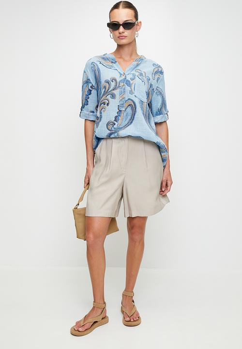 Stella Morgan - Italian Made Half Sleeve With Turn Back Half Placket Collared Blouse Printed - Blue