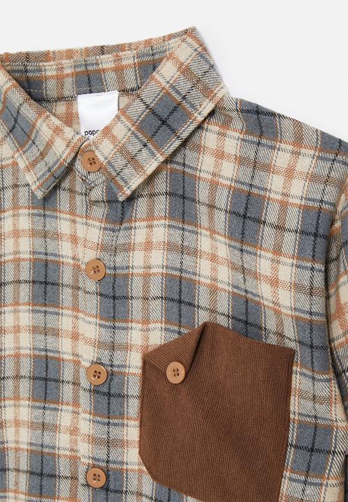 Pop Candy - Plaid flannel shirt with stylised pocket - beige/grey
