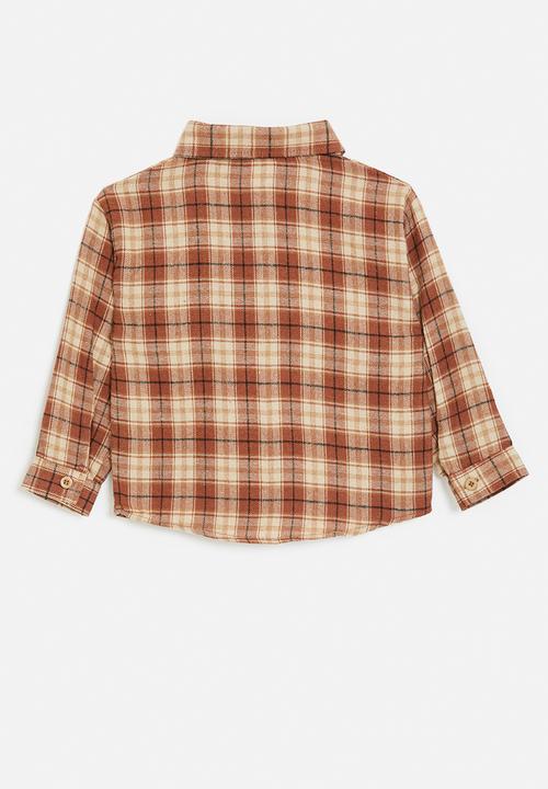 Pop Candy - Plaid flannel shirt with stylised pocket - brown ochre/beige