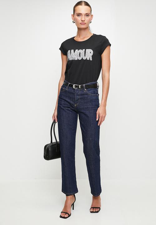 MANDI - Cap Sleeve Amour Embellished Logo Tee - Black