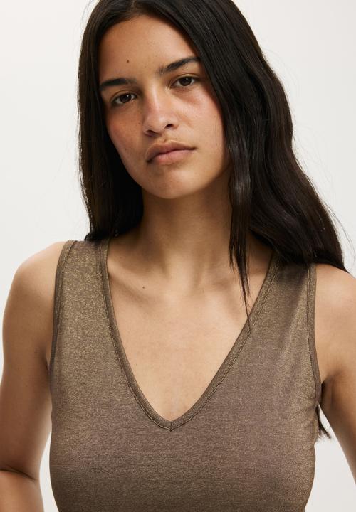 Cotton On - Lurex High Neck Tank - Dark Oak