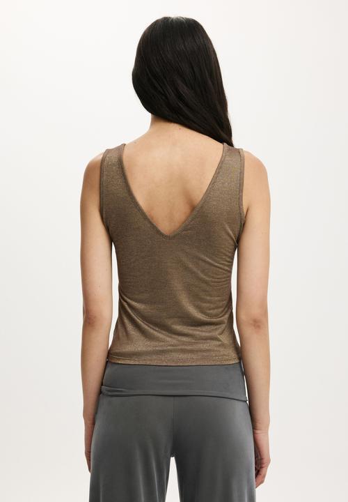 Cotton On - Lurex High Neck Tank - Dark Oak