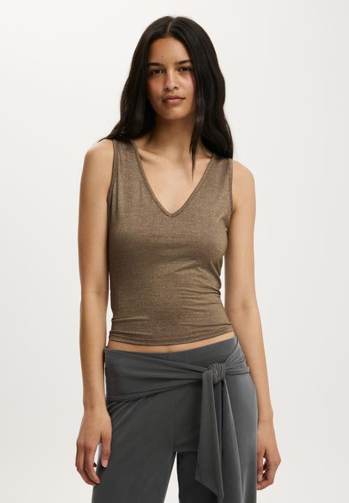Cotton On - Lurex High Neck Tank - Dark Oak