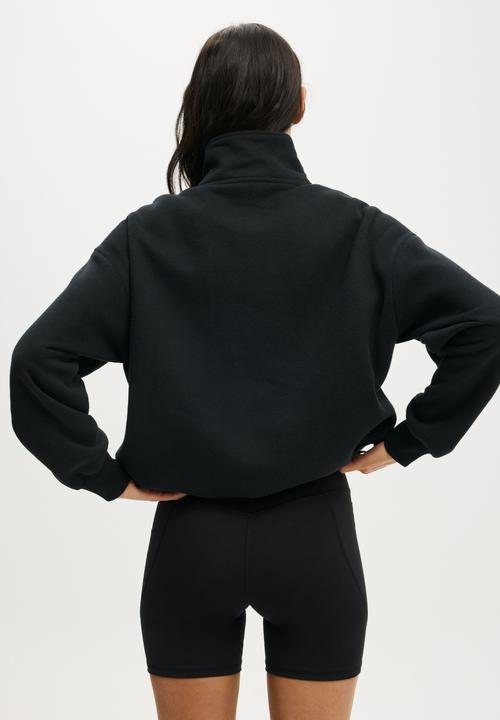 Cotton On - Plush Half Zip Sweatshirt - Black