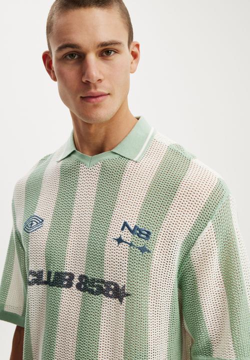 Cotton On - Knitted Sports Polo - Seafoam Stripe