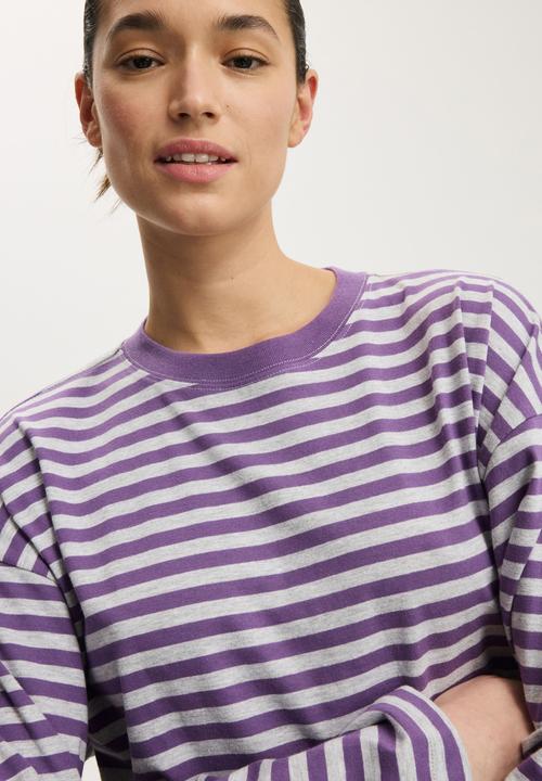 Cotton On - Oversized boxy long sleeve tee - sophie stripe plum pulse