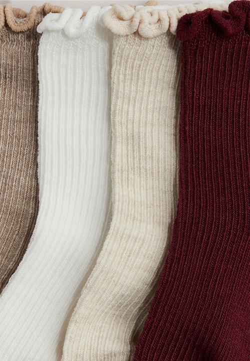H&M - 4-pack overlock-detail socks - beige,red,white
