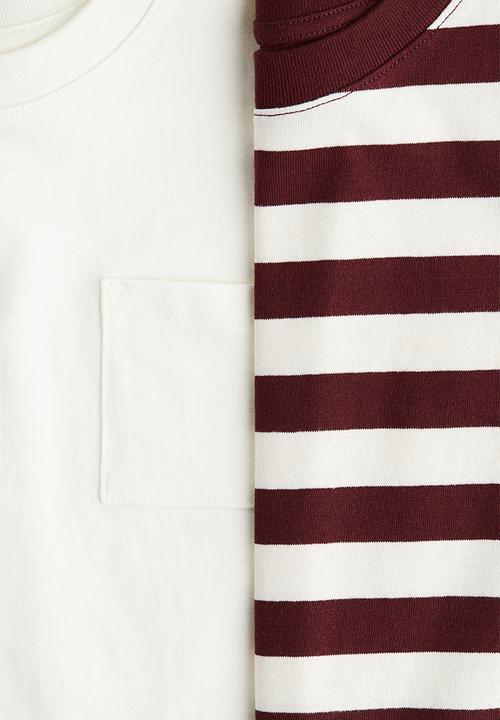H&M - 2 pack oversized t-shirts - white & dark red striped