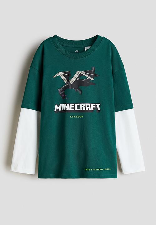 H&M - Print-motif cotton T-shirt - dark green/minecraft