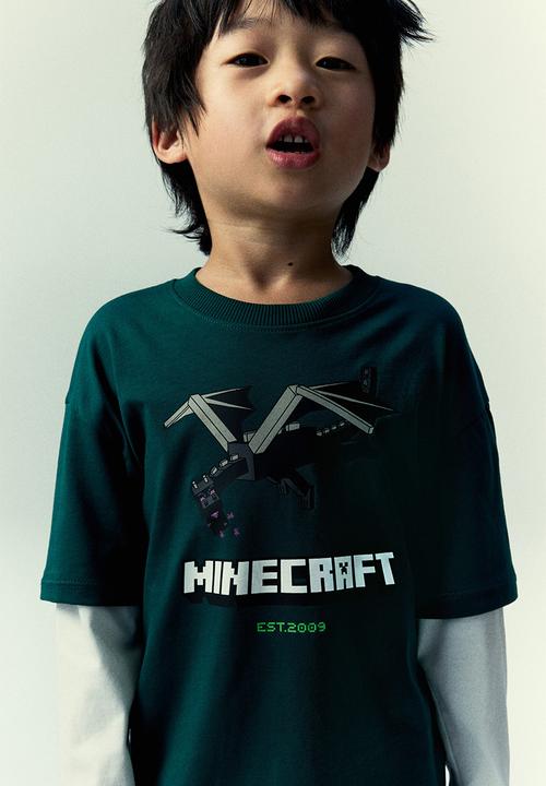 H&M - Print-motif cotton T-shirt - dark green/minecraft