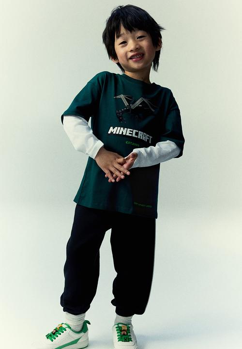 H&M - Print-motif cotton T-shirt - dark green/minecraft