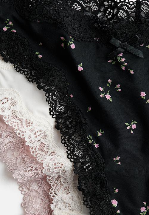H&M - 3-pack microfibre and lace brazilian briefs - black,white,pink