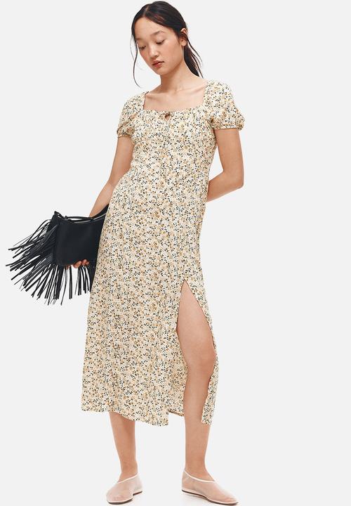 H&M - Puff-sleeved dress - light beige/floral