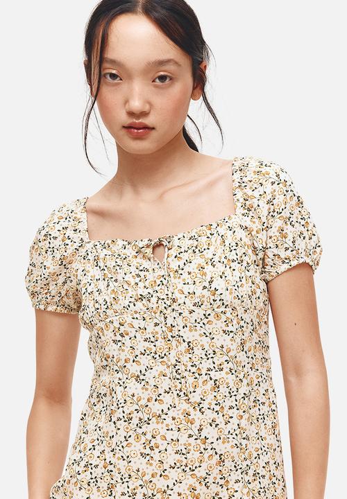 H&M - Puff-sleeved dress - light beige/floral