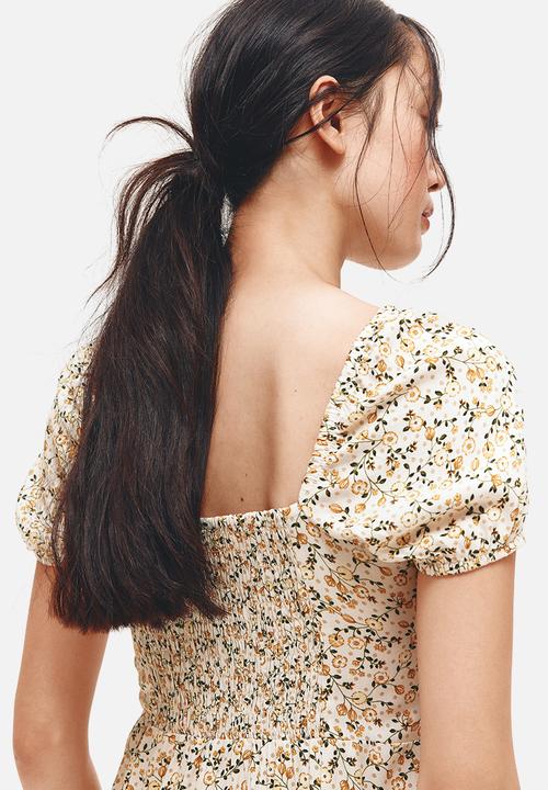 H&M - Puff-sleeved dress - light beige/floral