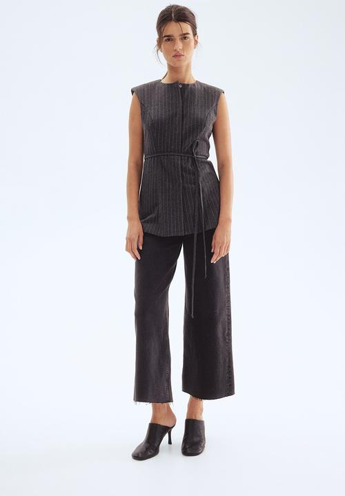 H&M - Tie-belt waistcoat - dark grey marl/pinstriped