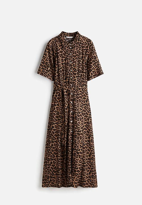 H&M - Tie-belt shirt dress - dark beige/leopard print