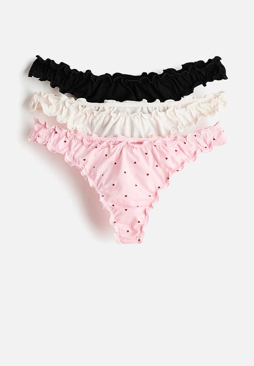 H&M - 3-pack overlock-detail thong briefs - light pink/hearts 