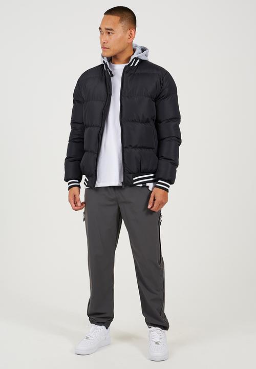 Brave Soul - Hooded Padded Zip Through Varsity Detachable Jersey Hood - Black