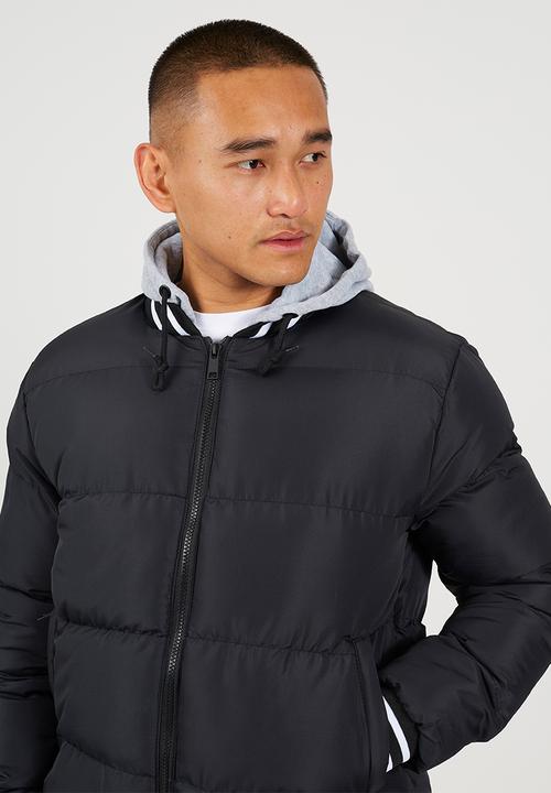 Brave Soul - Hooded Padded Zip Through Varsity Detachable Jersey Hood - Black