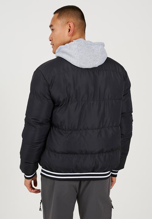 Brave Soul - Hooded Padded Zip Through Varsity Detachable Jersey Hood - Black