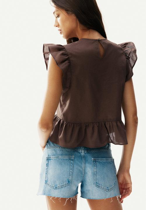 H&M - Lace-inset peplum blouse - brown