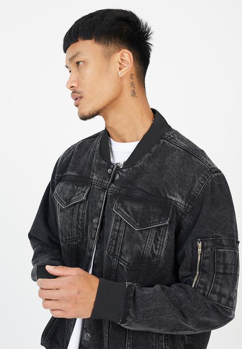 Brave Soul - Washed Denim Bomber Jacket - Black