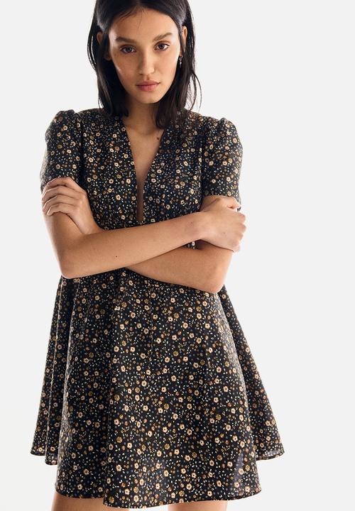 V-neck cotton poplin dress - black/floral