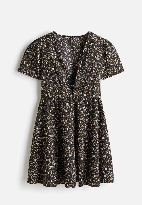 H&M - V-neck cotton poplin dress - black/floral 