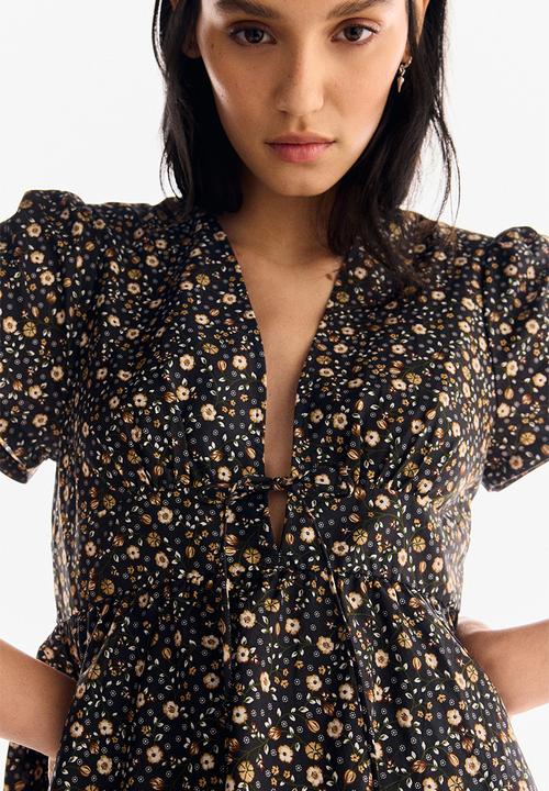 H&M - V-neck cotton poplin dress - black/floral 