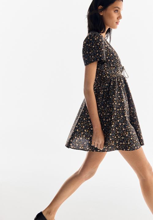 H&M - V-neck cotton poplin dress - black/floral 