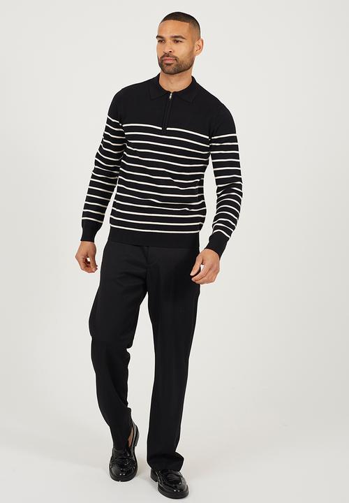 Brave Soul - A  Long Sleeve 1/4 Zip Knitted Polo - Jet Black / Cream