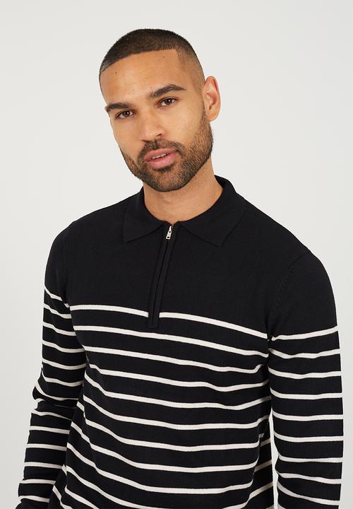 Brave Soul - A  Long Sleeve 1/4 Zip Knitted Polo - Jet Black / Cream