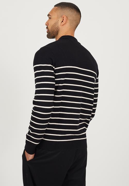 Brave Soul - A  Long Sleeve 1/4 Zip Knitted Polo - Jet Black / Cream