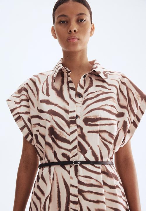 H&M - Belted poplin dress - light beige zebra print