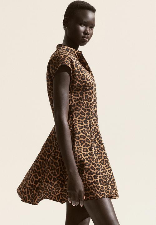 H&M - Flared poplin dress - beige leopard print